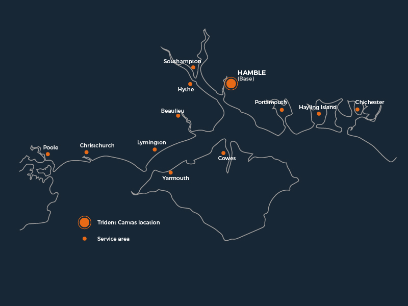 Trident Canvas service area map — Solent region from Poole to Chichester